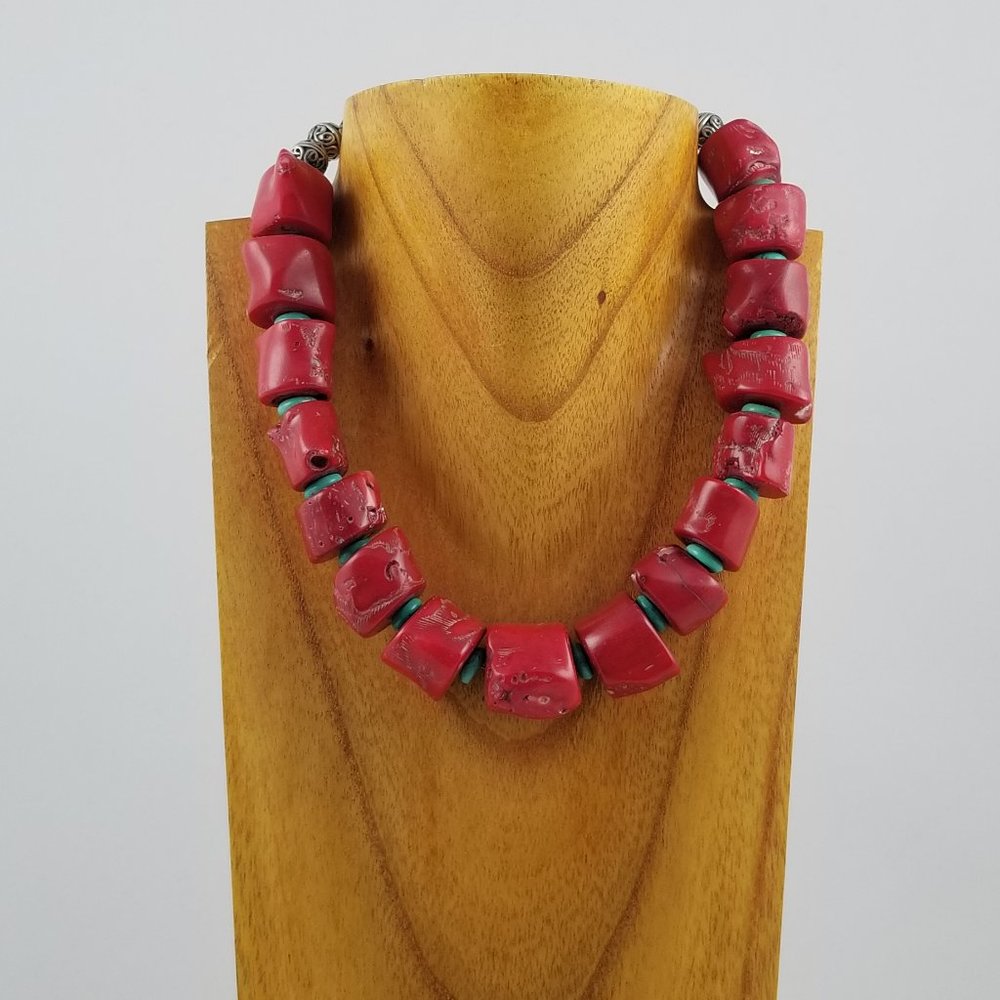 Chunky Red Coral & Turquoise Necklace & Bracelet